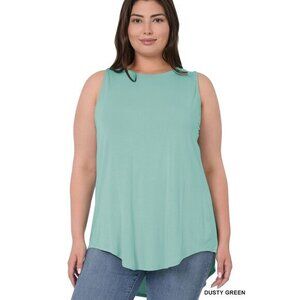 Zenana Plus Size Luxe Rayon Sleeveless Hi-Low Hem Tank Top Dusty‎ Green Size 2X
